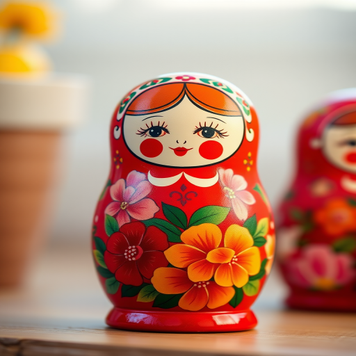Generate an image of a traditional Russian Matryoshka doll with vibrant colors and intricate floral patterns, shot in high resolution with a DSLR camera at f/2.8 aperture, 50mm lens, using natural lighting and a slight bokeh effect for depth.