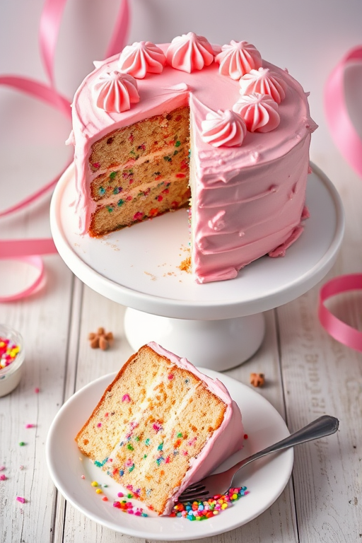A beautifully decorated cake on a white cake stand with a slice cut out revealing colorful sprinkles inside the cake topped with pink frosting and a plate with a slice of the cake beside it garnished with colorful sprinkles and a fork on the plate with ribbons in the background.