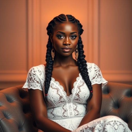 Create a portrait of a refined and elegant African American woman seated in a sophisticated setting. She has long, wavy hair styled in two thick braids that are pulled over her shoulders. She wears a white, lace gown with intricate patterns, featuring a deep V-neckline and short sleeves. The dress exudes a vintage charm with its delicate lacework. She is adorned with ornate, dangling earrings that add a touch of glamour to her appearance. The background is softly lit, with warm, ambient lighting that creates a cozy and inviting atmosphere. Her expression is poised and serene, capturing a sense of grace and elegance.