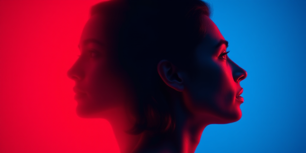 Regenerate an abstract image featuring two profiles in red and blue, using a Canon EOS R5 camera, 50mm lens, f/1.8 aperture, ISO 100, with a high dynamic range setting for enhanced contrast and clarity.