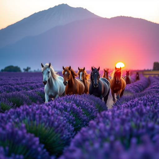 A herd of majestic horses galloping through a vibrant lavender field with a breathtaking mountain backdrop at sunset, captured with a Canon EOS R5, 24-70mm f/2.8 lens, ISO 100, f/8, 1/500 sec, in portrait orientation to enhance depth and clarity.
