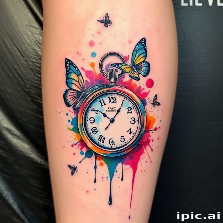 Surrealist watercolor tattoo on the calf, portraying a melting pocket watch surrounded by floating butterflies and abstract paint splatters in vibrant rainbow hues