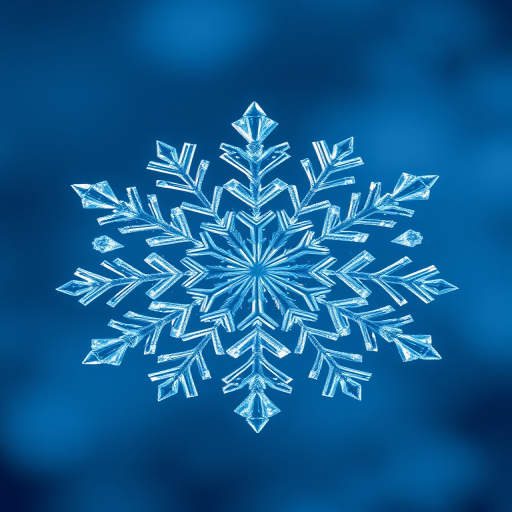 Generate a high-resolution snowflake illustration with intricate details in icy blue hues, using a DSLR camera with a 50mm lens, aperture set to f/2.8, ISO 100, and a wide-angle view to enhance depth and clarity.