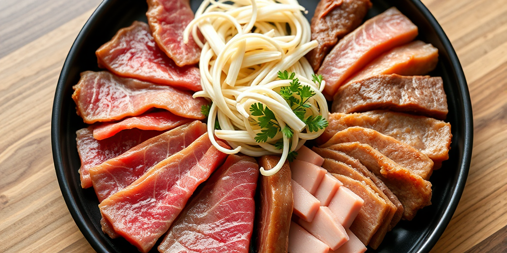 high-resolution image of a platter with thinly sliced beef, enoki mushrooms, and various cuts of meat on a black plate, natural lighting, shot with a DSLR camera at f/2.8 aperture, 50mm lens, and 1/60 shutter speed, top-down view for a clean presentation
