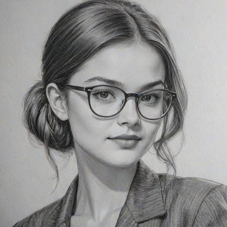 Elegant Ciara Bravo, pencil sketch, portrait of Alluring woman 1949s in glasses, hair style beatnik, outline, clear lines, fine lines, 8k