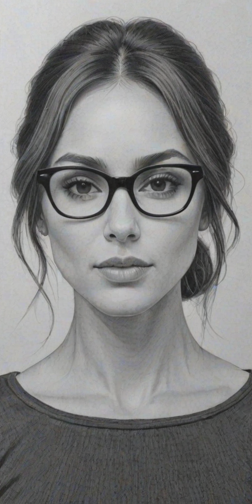 Stunning Troian Bellisario, pencil sketch, portrait of Enticing woman 1963s in glasses, hair style beatnik, outline, clear lines, fine lines, 8k