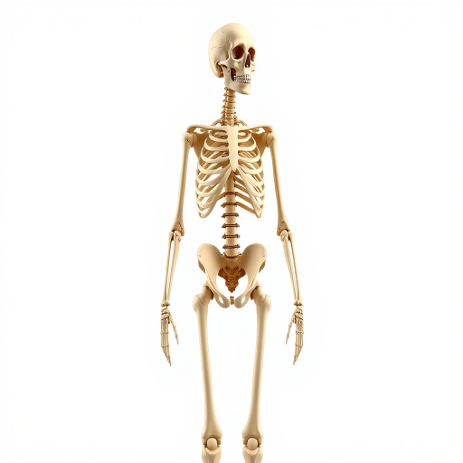 Create a detailed anatomical illustration of a human skeleton in a standing pose, using a high-resolution digital camera with a 50mm lens, aperture f/8, ISO 100, and a sharp focus to enhance clarity and detail.