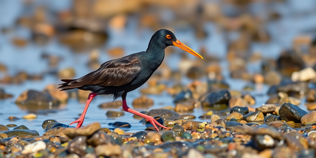 Capture a close-up shot of a black oystercatcher walking on a rocky beach at low tide with vibrant orange beak, using a Canon EOS 5D Mark IV, 200mm lens, aperture set to f/4, ISO 100, and a shutter speed of 1/2000 sec in natural daylight to enhance detail and color vibrancy.