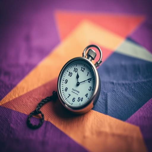 Create an abstract image featuring a vintage stopwatch on a textured purple background with blurred geometric shapes, shot with a DSLR camera at f/2.8, ISO 100, 24mm lens, using soft focus to enhance depth and detail.