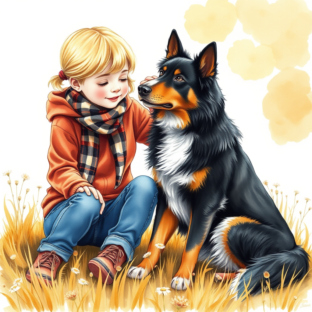 A detailed watercolor and acrylic illustration showing a heartwarming scene between a young blonde girl in pigtails and a Bearnaise Mountain dog. The girl, dressed in a rust hoodie, jeans, and a plaid scarf, gently rests her hand on the dog’s head. The dog, with black, copper, and white fur, sits beside her, tilting its head in affection. They sit on golden grass with wildflowers, against a sunny fall background. The artwork focuses on realistic textures and the tender bond between them.