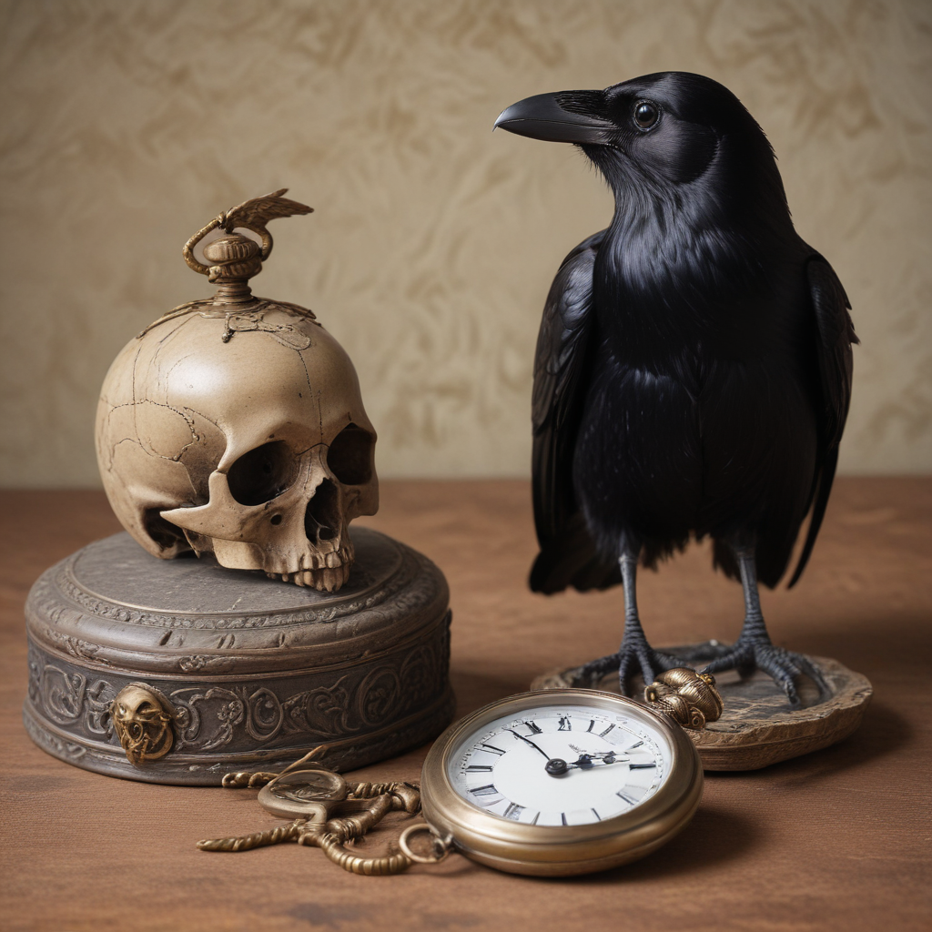 A raven standing on a skull next to a antique pocket watch