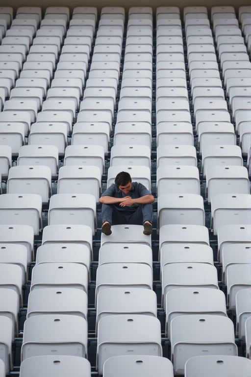 A lonely figure sitting with knees drawn up on a stark white stadium seat arrangement, capturing emotions of solitude and contemplation, shot with a Canon EOS 5D Mark IV, 50mm lens, aperture f/1.8, ISO 100, natural light, shallow depth of field to enhance focus on the subject.