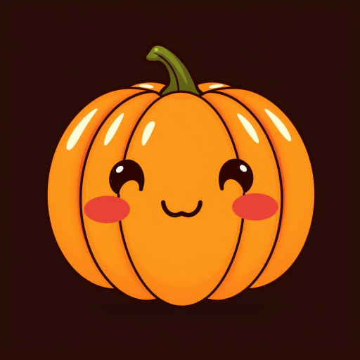 Create a kawaii-style pumpkin with a cheerful, happy face and rosy cheeks. The pumpkin should be vibrant orange with a shiny texture. Design it to be cute and playful, ideal for a light-hearted Halloween or autumn theme, with a simple and whimsical expression.