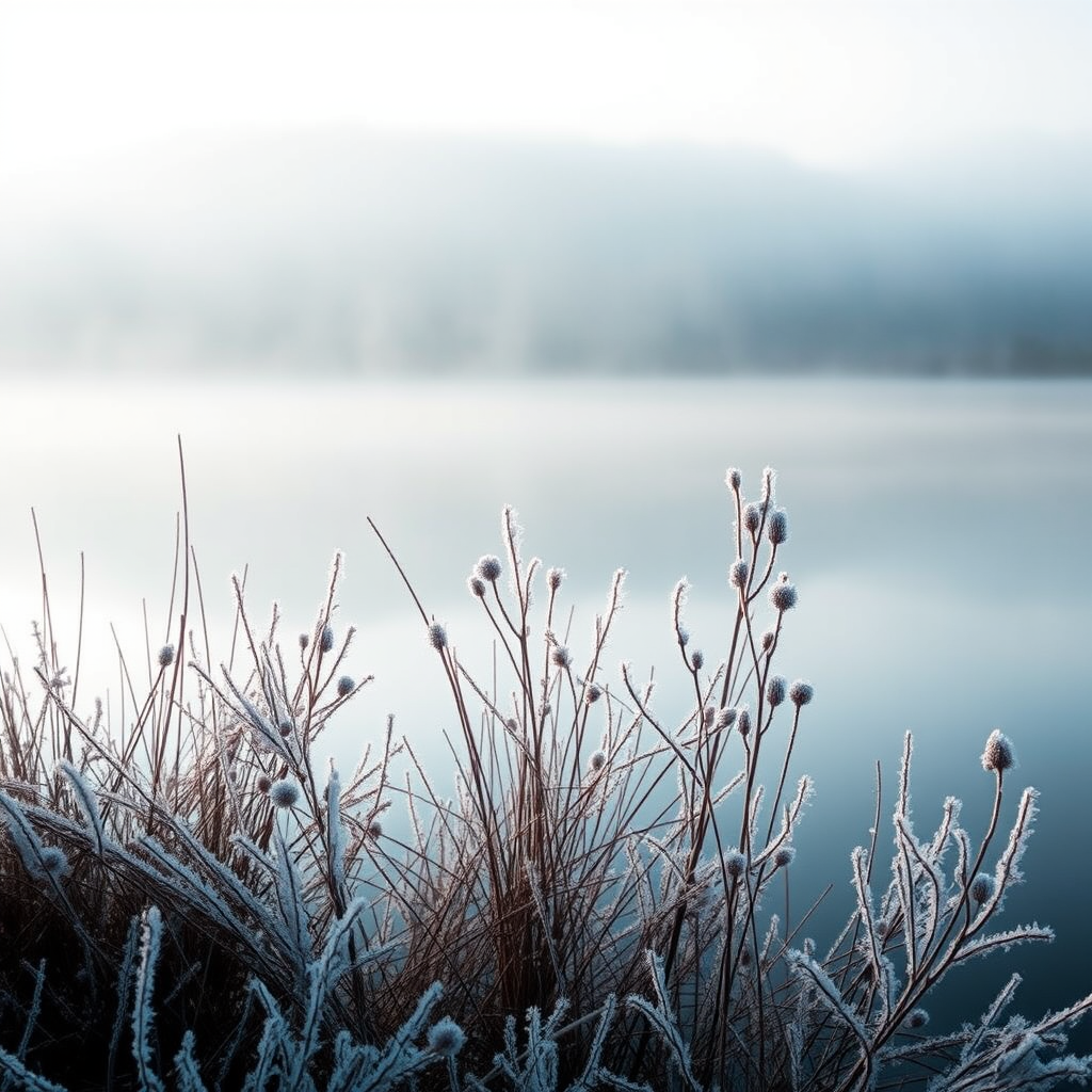 Capture a misty lake scene with frosted plants and soft morning light, using a Canon EOS R5 with a 50mm f/1.8 lens, ISO 200, aperture f/4, shutter speed 1/125 sec, in landscape orientation for enhanced detail and clarity.