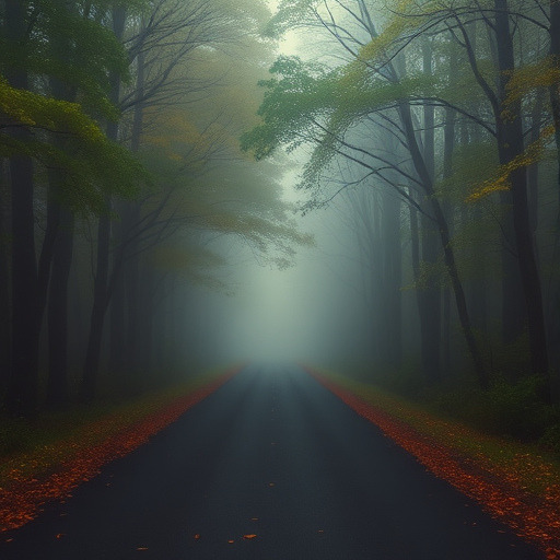 Generate a misty forest road scene with a narrow path lined by lush trees, low visibility due to fog, autumn leaves scattered on the ground, taken with a DSLR camera, f/2.8 aperture, 50mm lens, ISO 100, shot in natural light, perspective from ground level.