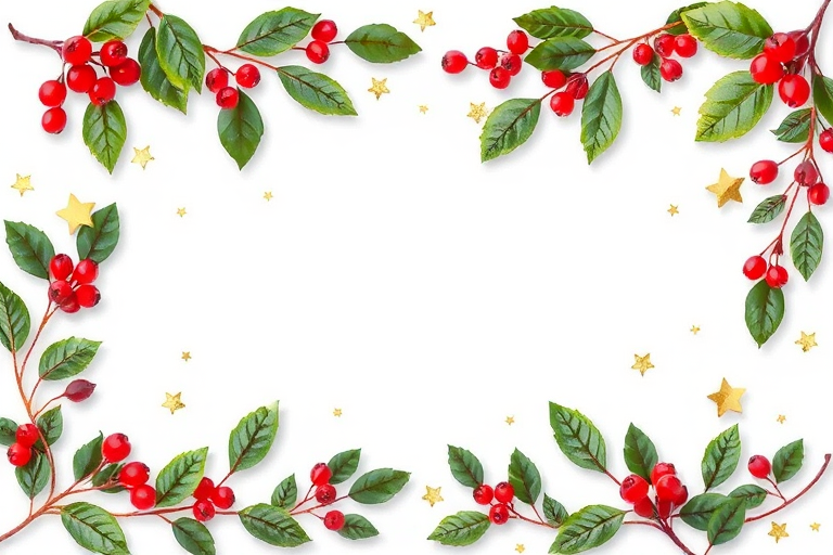 Create a festive holiday border design featuring green leaves and red berries with scattered gold stars and snowflakes on a white background. The composition should be symmetrical with a natural and elegant aesthetic, suitable for seasonal greeting cards or decorations.