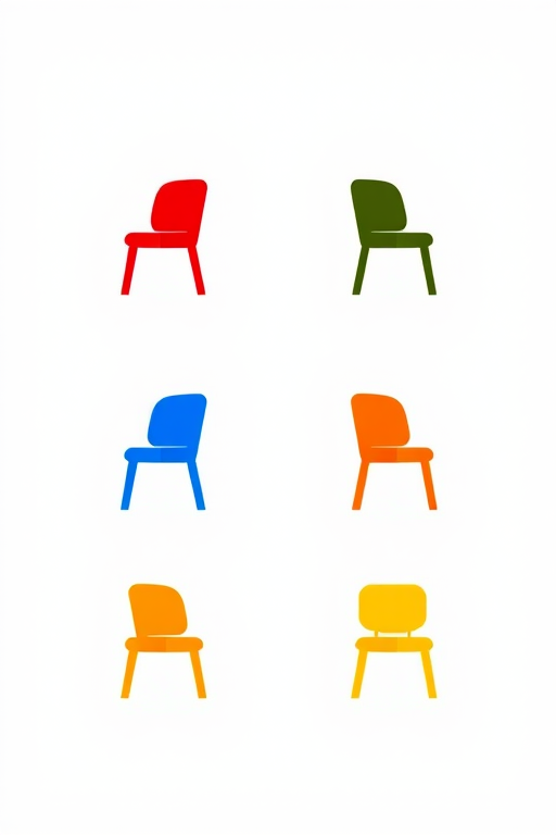 Create an abstract logo design featuring six identical minimalist chair icons in vibrant colors: red, purple, olive green, blue, orange, and yellow, with a clean white background, shot with a Canon EOS R5 at f/8, ISO 100, 50mm lens for sharpness and clarity.