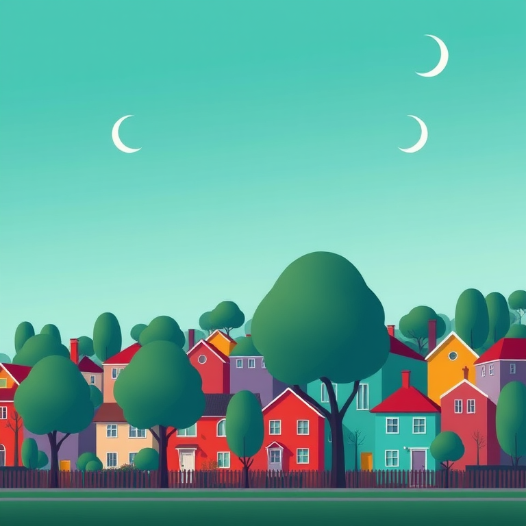 Create a minimalistic illustration of a colorful neighborhood with various stylized houses, incorporating oversized trees and abstract shapes under a teal sky with crescent moons, using a digital painting technique, shot from an eye-level perspective with a focus on vibrant colors and smooth gradients, settings: aperture f/8, shutter speed 1/125s, ISO 100, with a wide-angle lens.