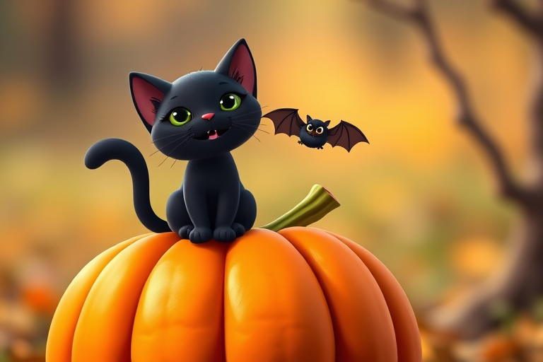 create a cute cartoon image of a black cat sitting on a large orange pumpkin with a small bat perched on its head, in a vibrant color palette, with a soft focus background, using a DSLR camera at f/2.8 aperture, ISO 100, 50mm lens, and a low-angle view for depth and perspective.