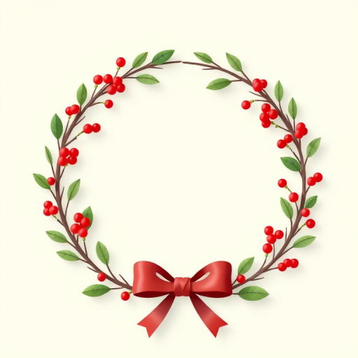 Create a minimalistic circular holiday wreath illustration with red berries, green leaves, and a bow, set against a soft pale green background, using a Canon EOS R5, 85mm lens, aperture f/2.8, ISO 100, with soft diffuse lighting for enhanced clarity and detail.