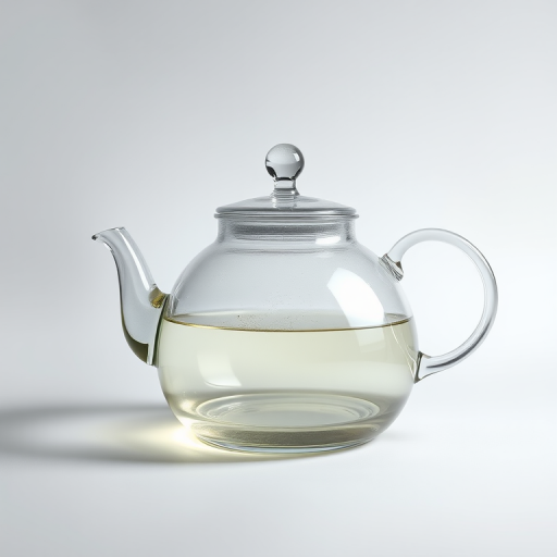 high-resolution image of a glass teapot on a white background, 50mm lens, f/4 aperture, ISO 100, soft lighting, studio setup, focus on the teapot with a slight shallow depth of field