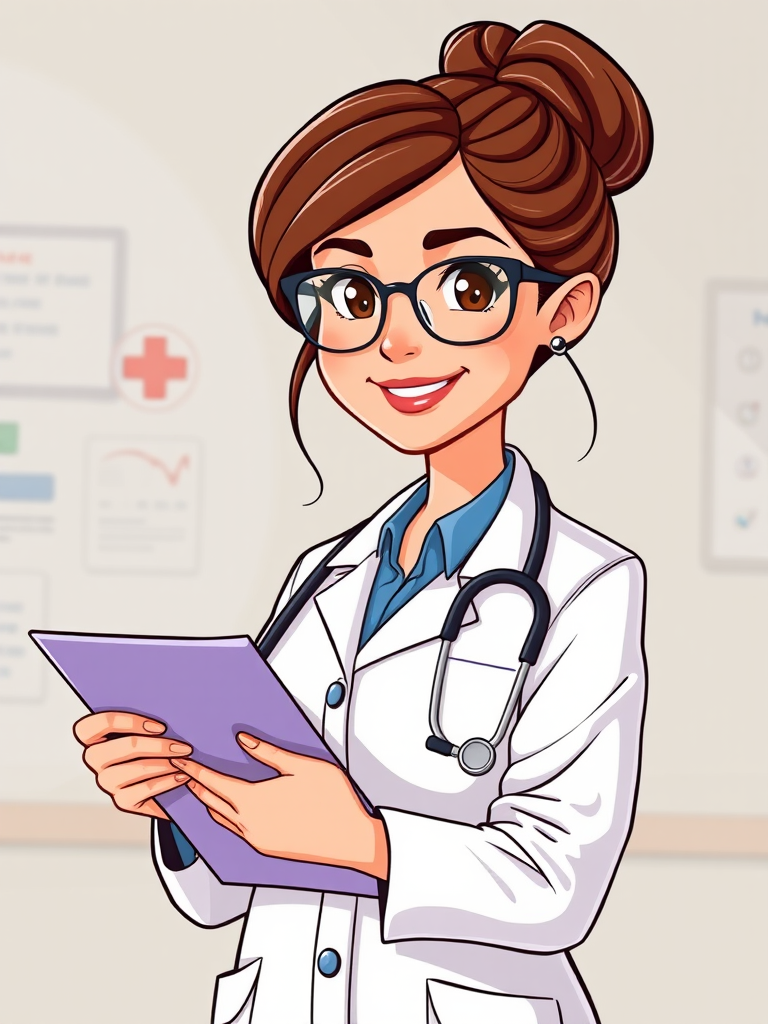 Create a colorful cartoon-style illustration of a female doctor with brown hair in a bun, wearing glasses and a white lab coat, holding a clipboard with medical notes, a stethoscope around her neck, set against a simple medical-themed background, captured with a DSLR camera at f/2.8 aperture, 50mm lens, ISO 100, in bright natural lighting to enhance image quality.