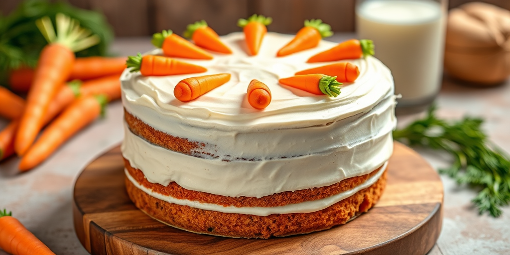 A beautifully decorated carrot cake with layers of moist cake and cream cheese frosting adorned with colorful carrot decorations, placed on a wooden board with some fresh carrots and a glass of milk in the background.