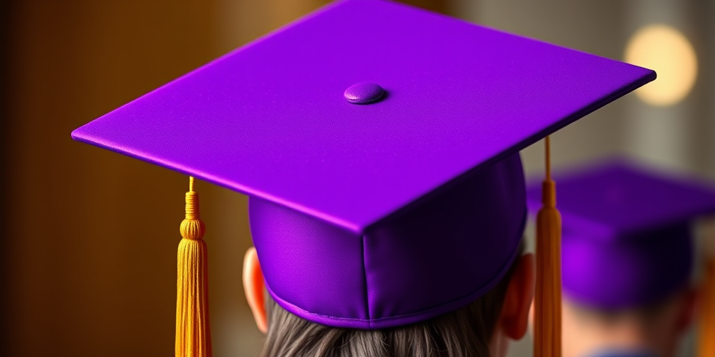 Create a highly detailed digital illustration of a vibrant purple graduation cap with a golden tassel, using a Canon EOS 5D Mark IV, with a wide aperture of f/2.8, ISO 100, in portrait orientation, and a soft focus background for a professional look.