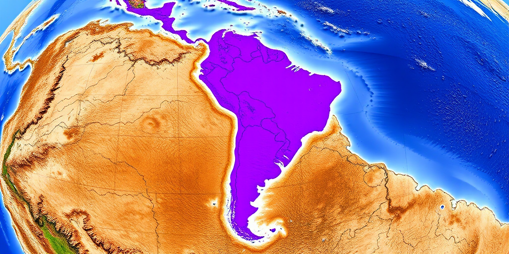 Create a detailed map of South America in vibrant purple color, using a high-resolution digital camera with a 50mm lens, f/8 aperture, ISO 100, taken from an aerial view for enhanced sharpness and clarity.
