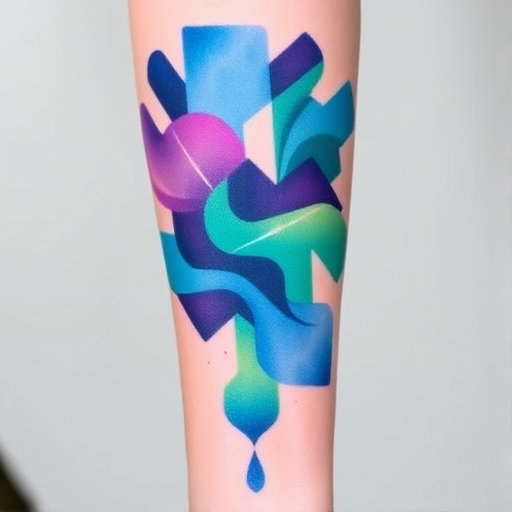 Vibrant watercolor splash tattoo named "Chromatic Cascade" featuring swirling hues of blue, purple, and green blending seamlessly into a geometric pattern on the forearm, evoking a sense of fluid motion and artistic expression