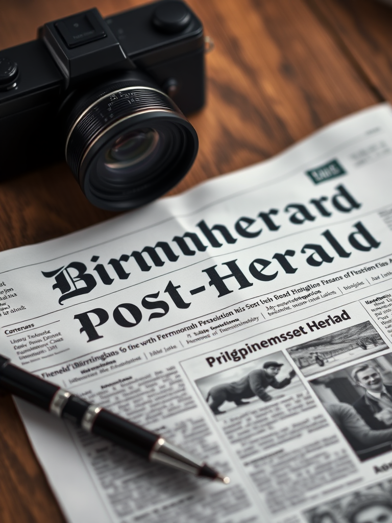 Create a high-resolution image of a newspaper layout titled "Birmingham Post-Herald" with a traditional style, using a DSLR camera with a 50mm lens, aperture set to f/4 for depth of field, ISO 200 for clarity, and a slight overhead angle for perspective.