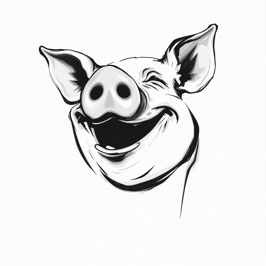 Abstract black and white acrylic portrait of an over exaggerated laughing (pig). Minimalism style. White background.