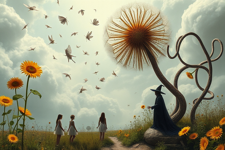A surreal allegory featuring ethereal fairies, towering sunflowers, and an enigmatic witch, all set within a dreamlike landscape. The scene is dominated by a colossal dandelion, its delicate seeds floating through the air, reminiscent of Yves Tanguy's abstract forms. The environment is a blend of otherworldly elements and natural beauty, with twisted, elongated shapes and surreal colors that evoke a sense of mystery and enchantment.