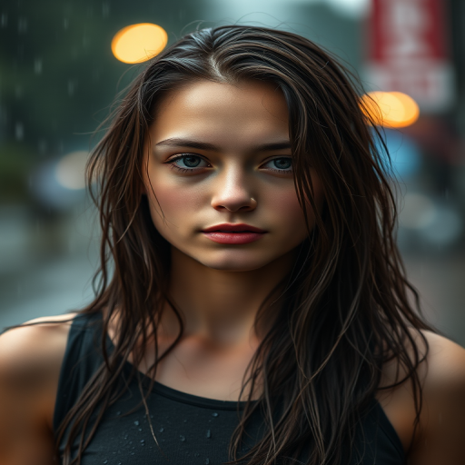 portrait of a young woman with wet hair and a contemplative expression in the rain with soft bokeh lights in the background, shot with a Canon EOS R5, 85mm lens, f/1.4 aperture, ISO 200, 1/500 sec, natural light for enhanced clarity and depth.