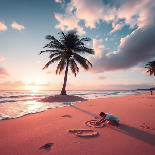Create a vibrant beach scene with a stylized sun setting on the horizon, a single palm tree on a sandy island, gentle waves lapping at the shore, a person drawing in the sand, captured with a DSLR camera, aperture f/11, shutter speed 1/200s, ISO 100, wide-angle lens, focused on the foreground with a soft background blur.