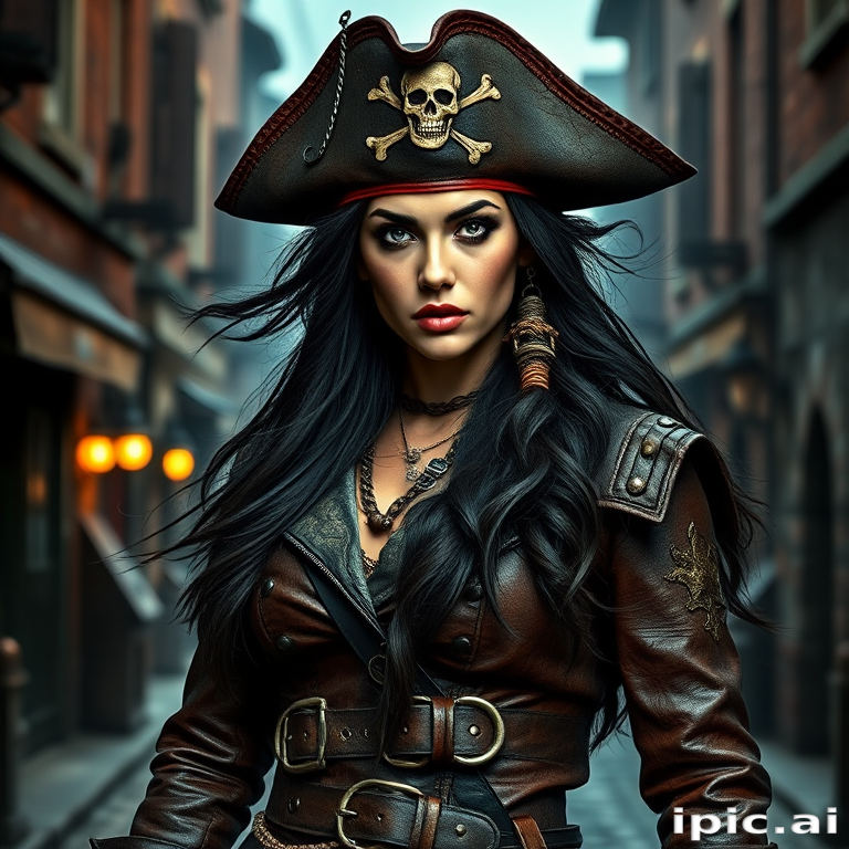 Create a portrait of a fierce female pirate. She wears a leather tricorn hat adorned with a skull and crossbones emblem, and her long, dark hair flows around her face. Her outfit consists of a richly detailed leather jacket, a corset, and multiple layers of belts and accessories, giving her a formidable and stylish appearance. She stands confidently in a dimly lit, historic port town, with a backdrop of weathered buildings and cobblestone streets, capturing the adventurous spirit of a pirate.
