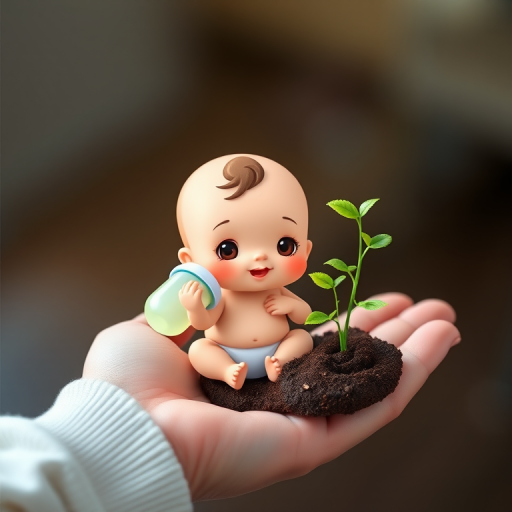 Create a high-resolution digital illustration of a cute cartoon baby sitting on a hand, holding a baby bottle, with a small green plant growing in soil beside the baby, soft focus background, vibrant colors, ISO 100, f/2.8, 50mm lens, shallow depth of field.