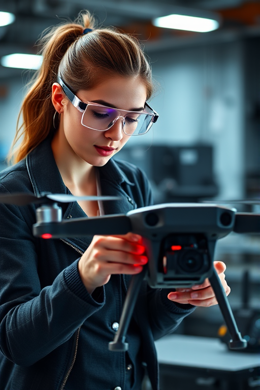 Create an image of a young woman working on a drone in a modern tech workshop, wearing safety goggles and a stylish outfit, with soft lighting and a blurred background to emphasize her focus, captured using a DSLR camera with an aperture of f/2.8, ISO 200, at a focal length of 50mm, with a shallow depth of field and vibrant colors.