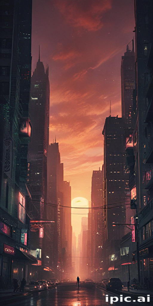 Sunset Over a Vibrant Cityscape with Towering Skyscrapers and Streets