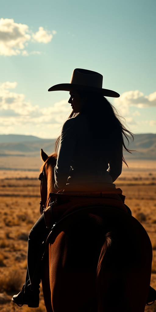 "Create a Double exposure", a silhouette "profile portrait of a young cowgirl" with long hair "superimposed" against a long shot of a cowgirl riding a horse across the plains, fantastic view, 32k, cinematic, hyper-realistic.