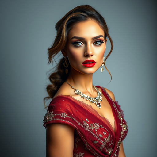 Studio portrait, female model, elegant couture dress, bold makeup, dramatic lighting, Shoot over the shoulder using a telephoto lens to focus on small details like jewelry, makeup, or fabric textures