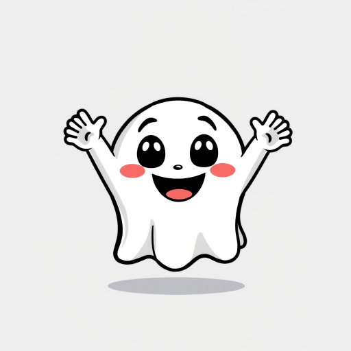 Create a cute cartoon ghost character with a simple design featuring a round body and two small arms raised in excitement the ghost should have a happy expression with wide eyes and a small mouth colored in white with a black outline suitable for a playful and cheerful theme