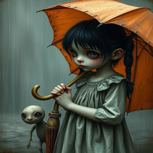 An eerie, weird little girl with dark hair in thin pigtails, wearing a smock dress, standing in the rain, holding a dirty orange umbrella, a small, odd creature beside her. In a surreal style inspired by Nicoletta Ceccoli and Brian Froud. Dark fantasy themes