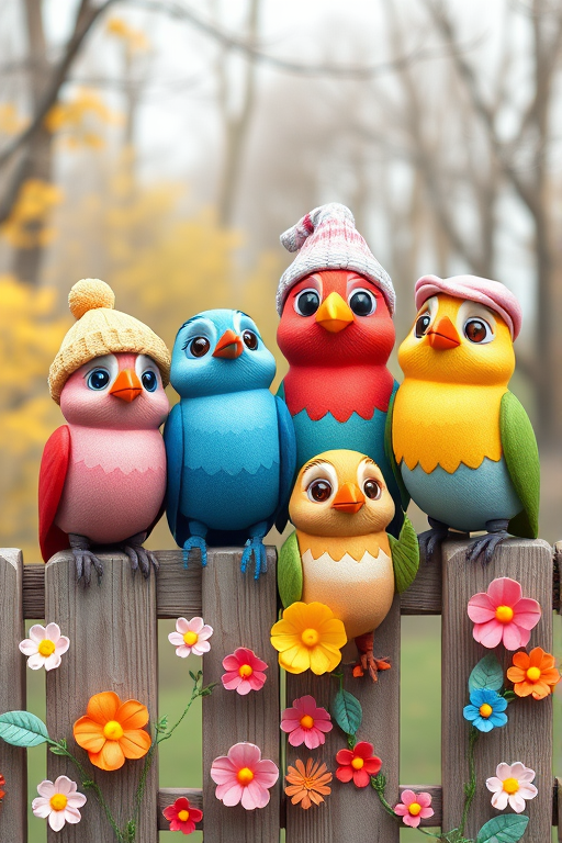 create a scene of 4 quirky  whimsical colourful comical birds each with a funny expression. they are sat on a wooden fence with colourful flowers. they are all different sizes. each one is a different colour  one is wearing a woolly hat. Each one has a different quirky google expression and there is a muted background of trees watercolour paintierly style high definition 8k resolution 3D paper mache