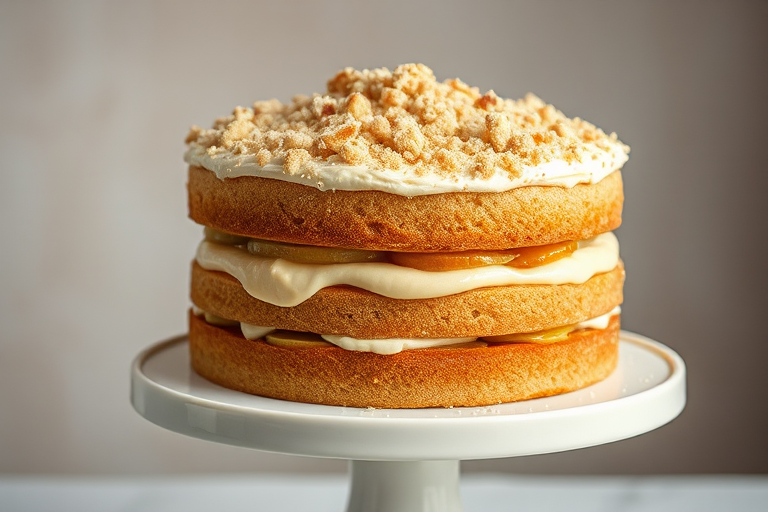 Create an image of a layered cake with visible layers of sponge cake and creamy filling topped with a crumbly topping on a white cake stand set against a neutral background. The cake should have a rustic and homemade appearance with hints of apple filling peeking through the layers.