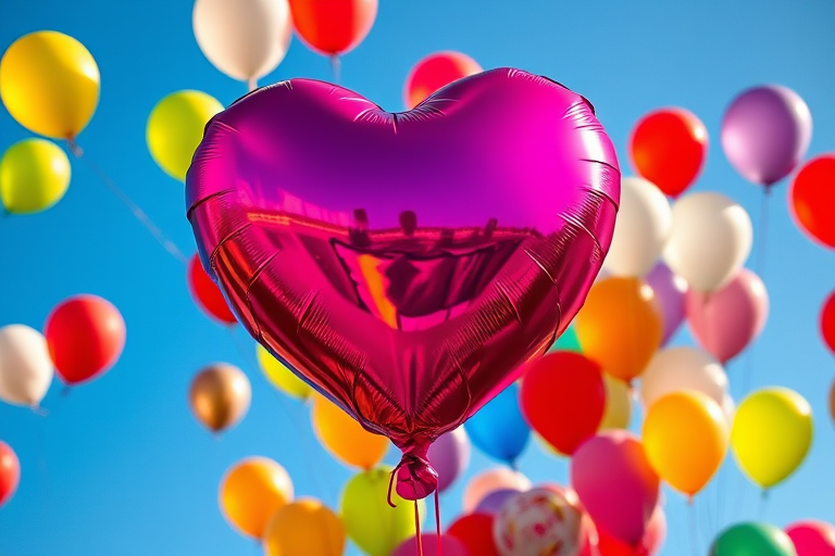 A vibrant heart shaped balloon surrounded by colorful balloons in a clear blue sky, using a Canon EOS 5D Mark IV, f/8 aperture, 50mm lens, ISO 100, HDR style for enhanced color and detail.