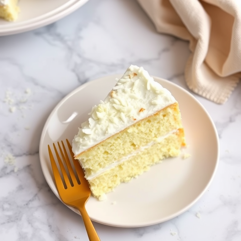 A slice of white cake with coconut flakes and frosting on a white plate accompanied by a golden fork on a marble surface with crumbs and fabric in the background.