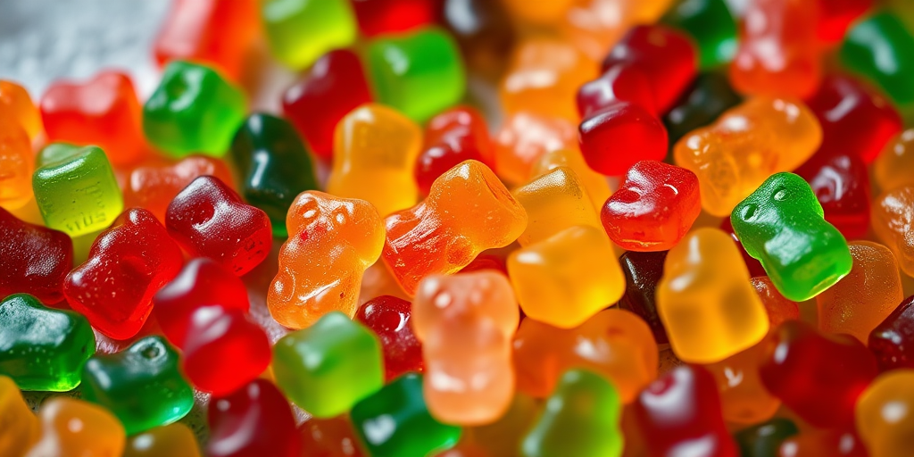 highly detailed close-up of assorted gummy bears and candies scattered on a surface, vibrant colors, shallow depth of field, macro lens, aperture f/2.8, ISO 100, 50mm lens, natural lighting, top-down view, focus on texture and vivid colors