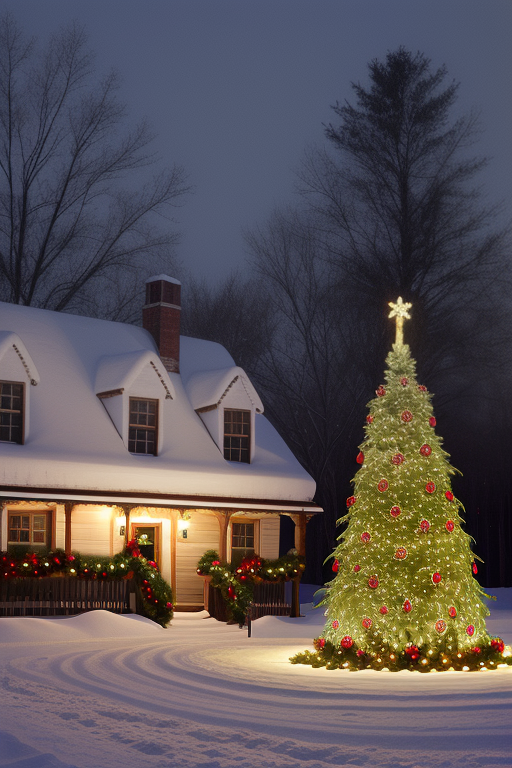 A Cozy Winter Scene Featuring a Snowy House and a Decorated Christmas Tree.