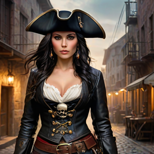 Create a portrait of a fierce female pirate. She wears a leather tricorn hat adorned with a skull and crossbones emblem, and her long, dark hair flows around her face. Her outfit consists of a richly detailed leather jacket, a corset, and multiple layers of belts and accessories, giving her a formidable and stylish appearance. She stands confidently in a dimly lit, historic port town, with a backdrop of weathered buildings and cobblestone streets, capturing the adventurous spirit of a pirate.